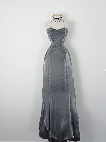 Retro A Line Spaghetti Strap Grey Beaded Satin Long Evening Dress Party Dress HZ1023
